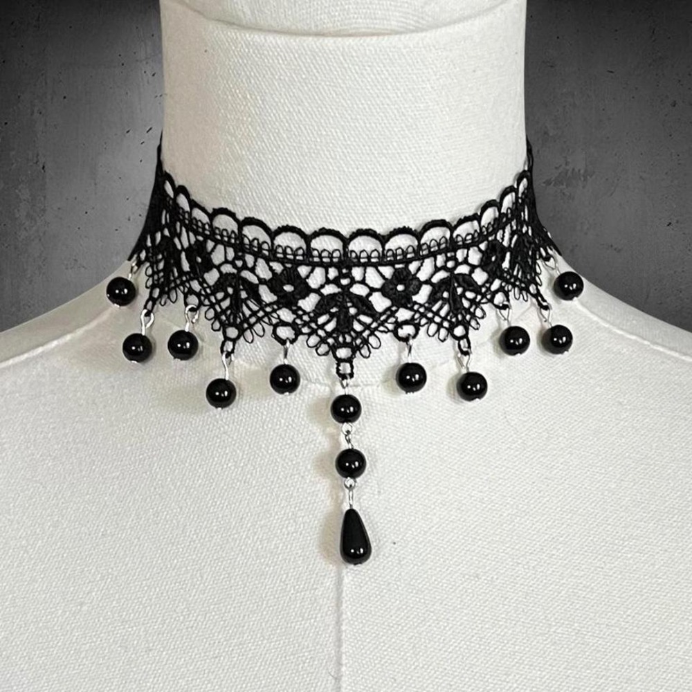 Black Lace Beaded Choker Necklace